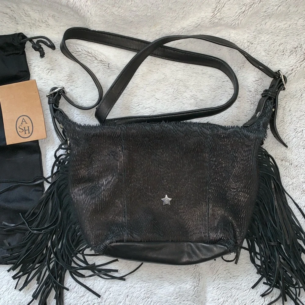 Ash BO Fringed Hobo Bag Black Suede